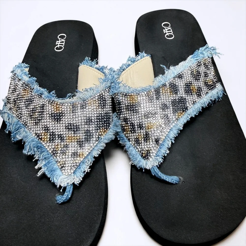 Cato Platform Flip Flops Bundle Leopard Rhinestone Denim & Embroidered Sandals 9